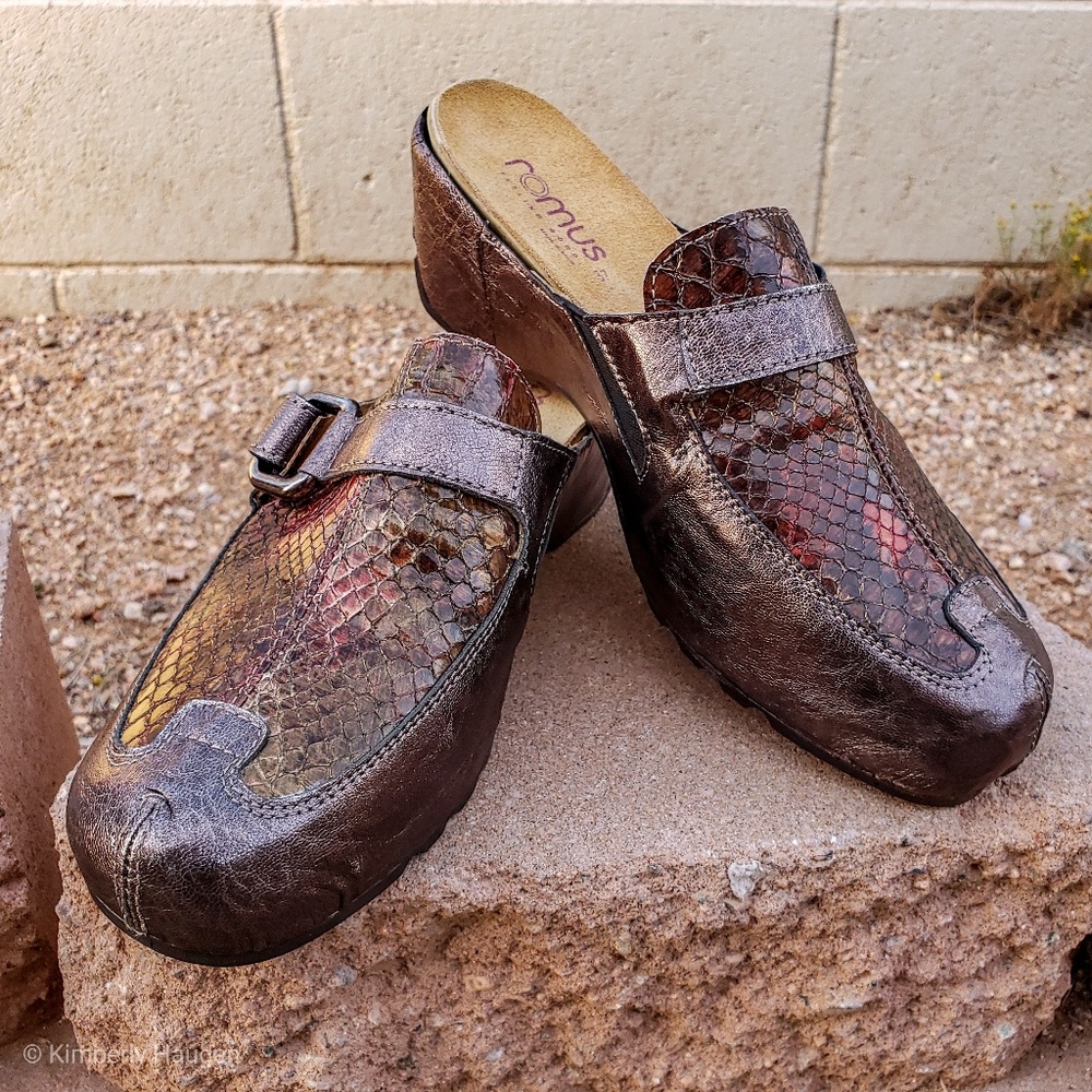 Romus Clogs,  snake skin uppers